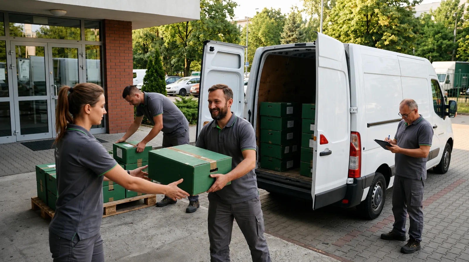 Zespół DailyFruits rozładowujący skrzynki z owocami z dostawczaka przed biurem