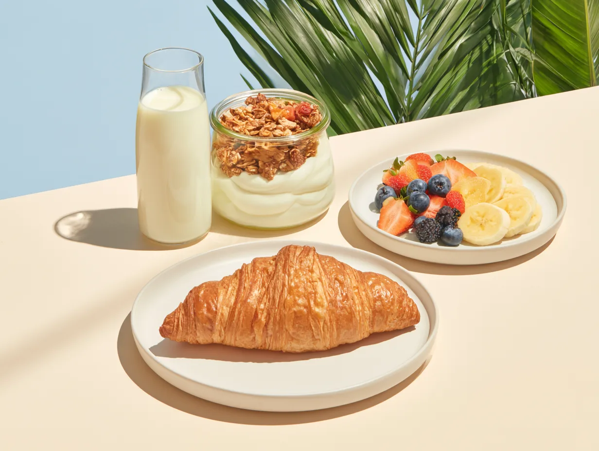 Śniadanie firmowe — croissanty, granola, owoce